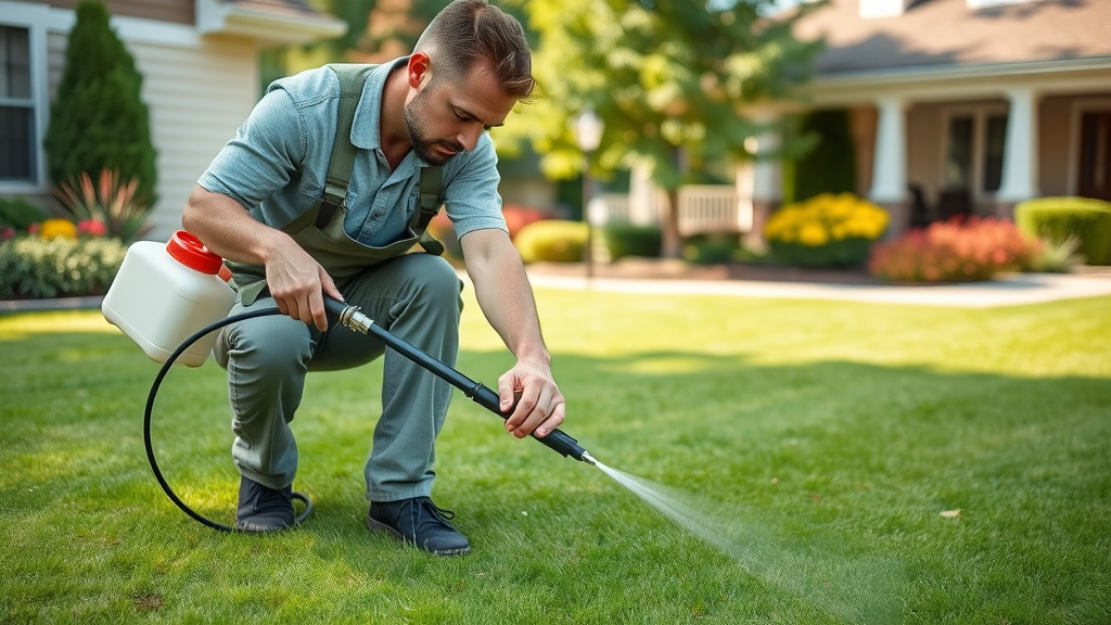 A lawn care professional applying pest control treatments, highlighting the significance of pest management within the benefits of professional lawn care service