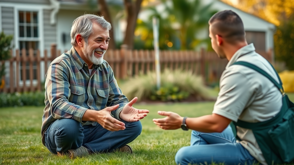 A satisfied homeowner discussing lawn care with a professional, representing the value of expert consultation in professional lawn care