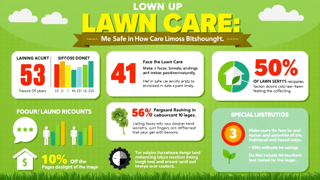 An infographic displaying lawn care statistics and discount information, colorful and engaging, 2D Cartoon.