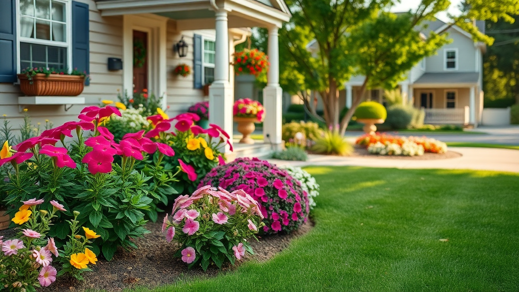 A beautifully landscaped front yard, showcasing vibrant flowers and a manicured lawn that adds curb appeal, illustrating the benefits of professional lawn care
