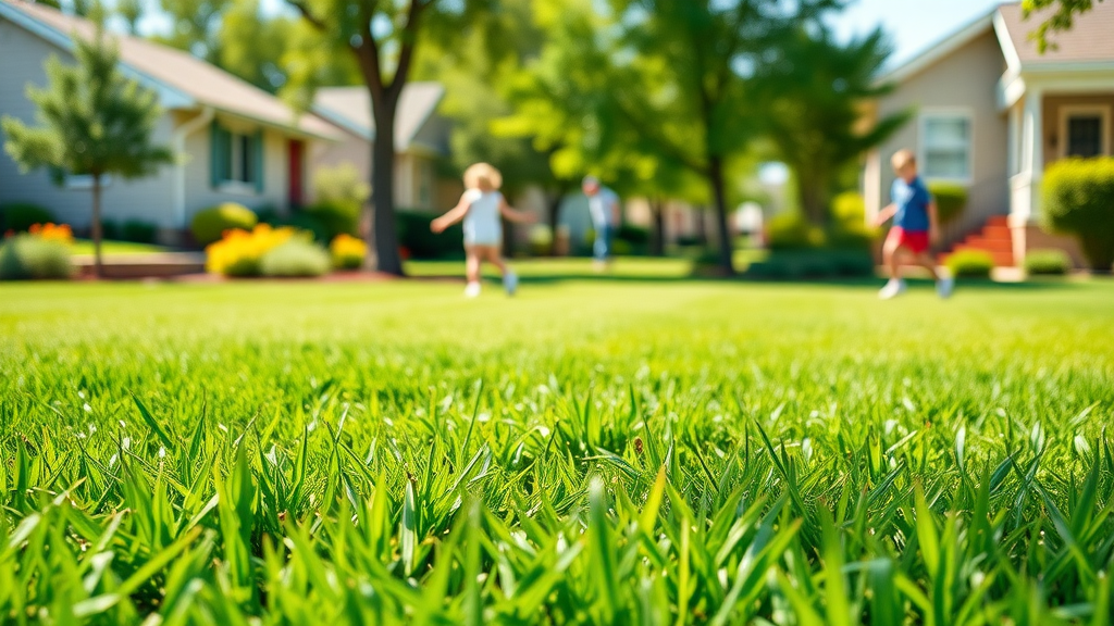 A vibrant green lawn, freshly mowed, showcasing healthy grass, Photorealistic High Fidelity, sunny suburban neighborhood.