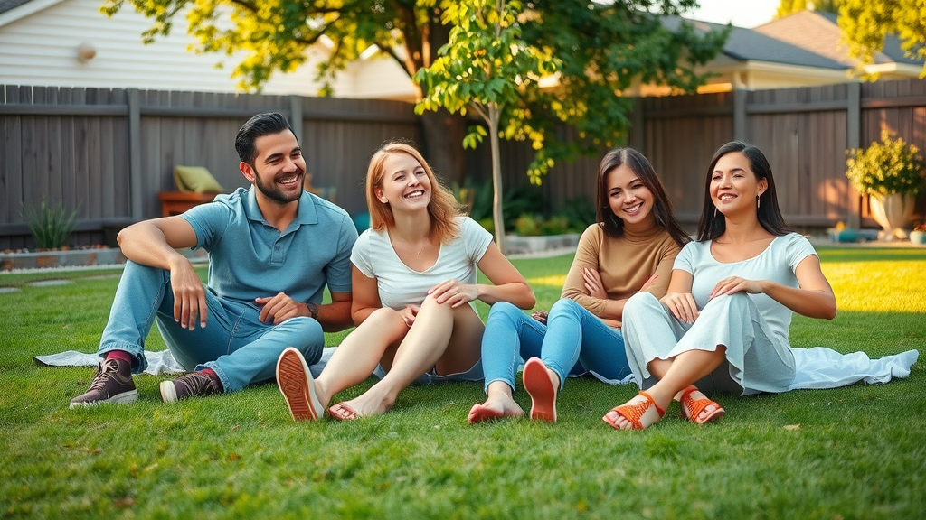 A relaxed family enjoying their backyard, with a well-maintained lawn, highlighting the benefits of professional lawn care for time and effort savings