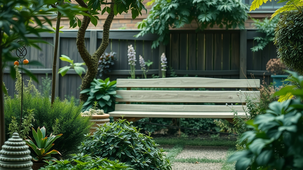 A serene garden landscape, peaceful and inviting, Cinematic, featuring a variety of plants and an empty wooden bench.