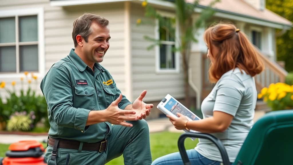 A friendly lawn care professional discussing services with a homeowner, engaging expression, action verb of explaining, Photorealistic High Fidelity.