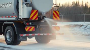 Salting service: truck-mounted machine spraying rock salt on ground.