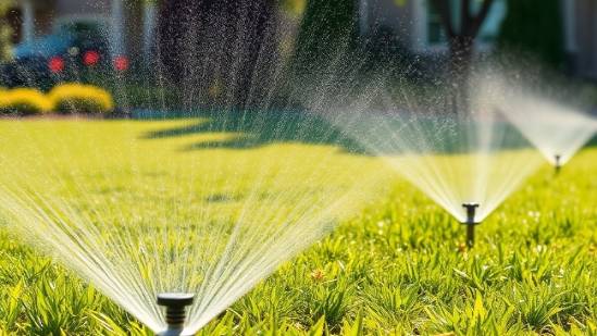 Photorealistic lawn on a sunny day with underground sprinklers misting in a luxurious home.