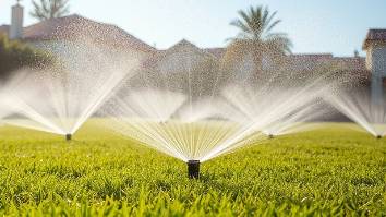 Lawn sprinklers spraying mist on a sunny day, photorealistic image.