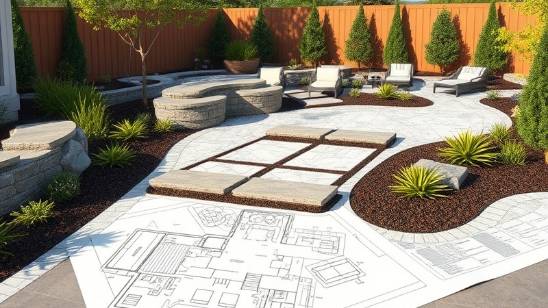 Landscape hardscape plans for a high-end home backyard, generated by computer.